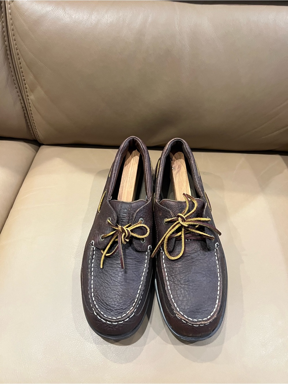 L.L. Bean Men's Dark Brown Leather Boat Shoes with Yellow Trim